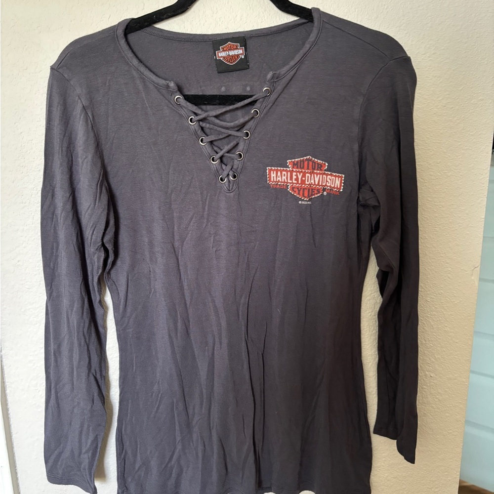 Harley-Davidson Women's Charcoal Lace-Up Long Sleeve Tee Sz Medium